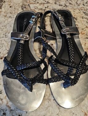 BCBGeneration Silver Footbed with Black Braided-Strap Sandals